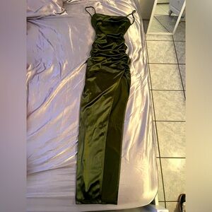 Silky green dress with slit and open back